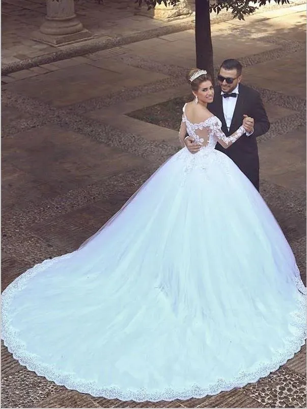 Tulle Off Shoulder Long Sleeves Wedding Dresses Court Train Ball Gown