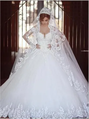 Tulle Off Shoulder Long Sleeves Wedding Dresses Court Train Ball Gown