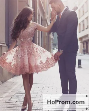 Tulle Short-Sleeves A-line Appliques Prom Dresses Homecoming Dresses