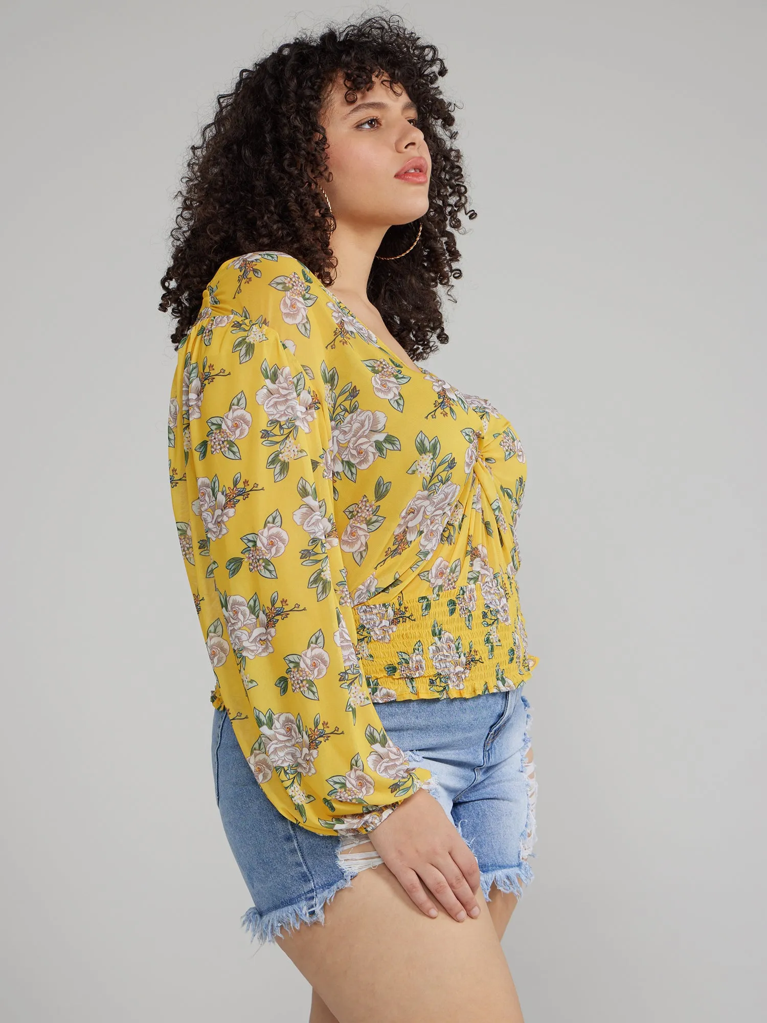 Twist Front Floral Print Smocked Top