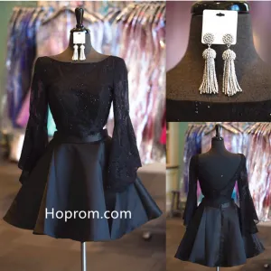Two Piece Lace Homecoming Dress, Sexy Black Long Sleeve Homecoming Dresses