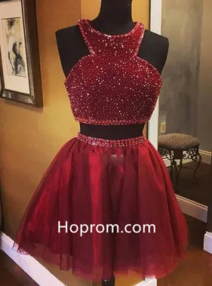 Two Piece Sparkly Short Red Tulle Homecoming Dress