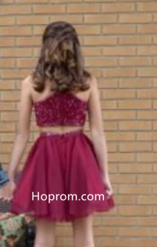 Two Piece Sparkly Short Red Tulle Homecoming Dress