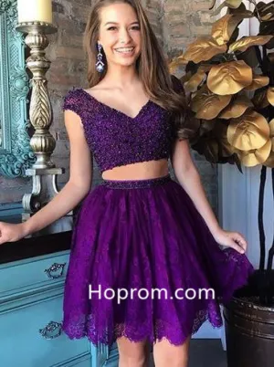 Two Piece Special Purple Short Lace Homecoming Dress