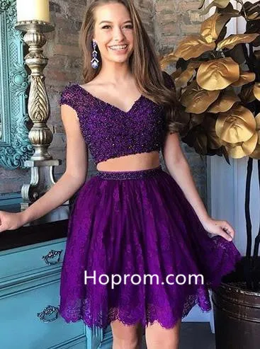 Two Piece Special Purple Short Lace Homecoming Dress