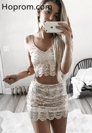 Two Pieces Homecoming Dress, Deep V Neck Tight Homecoming Dress