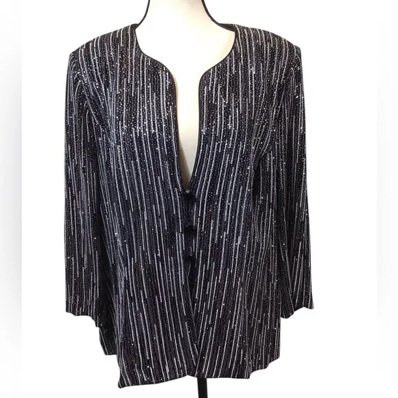 Vintage Alex Evenings Womens Blazer Size 1X Jacket Collarless Metallic Glitter
