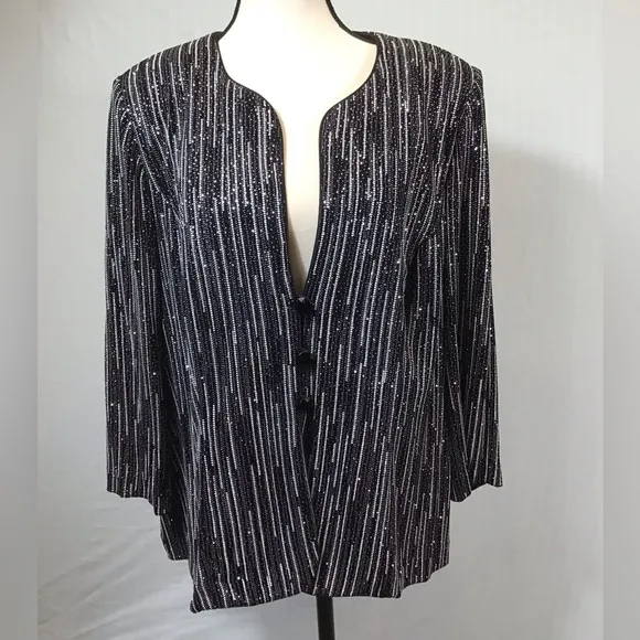 Vintage Alex Evenings Womens Blazer Size 1X Jacket Collarless Metallic Glitter