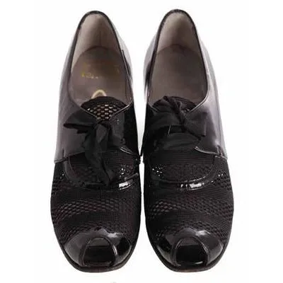 Vintage Womens Shoes Oxfords 1930s Black Patent/Mesh/Peeptoe Sz 7 Orig Box