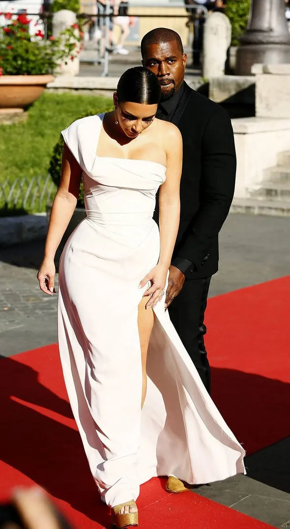 White Kim Kardashian Slit One Shoulder Dress Empire Waist Prom Best Red Carpet Dress La Traviata Premiere