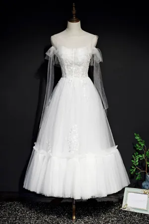 White Lace A Line Tea Length Prom Dress, Simple Wedding Dresses APP0865