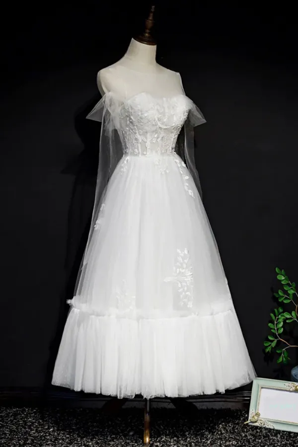 White Lace A Line Tea Length Prom Dress, Simple Wedding Dresses APP0865