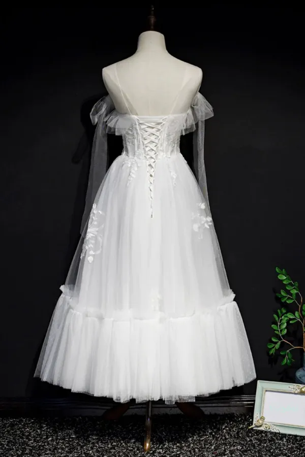 White Lace A Line Tea Length Prom Dress, Simple Wedding Dresses APP0865
