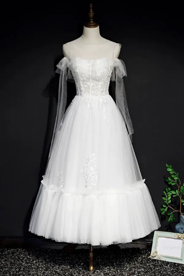 White Lace A Line Tea Length Prom Dress, Simple Wedding Dresses APP0865