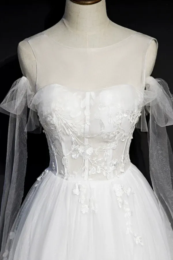 White Lace A Line Tea Length Prom Dress, Simple Wedding Dresses APP0865
