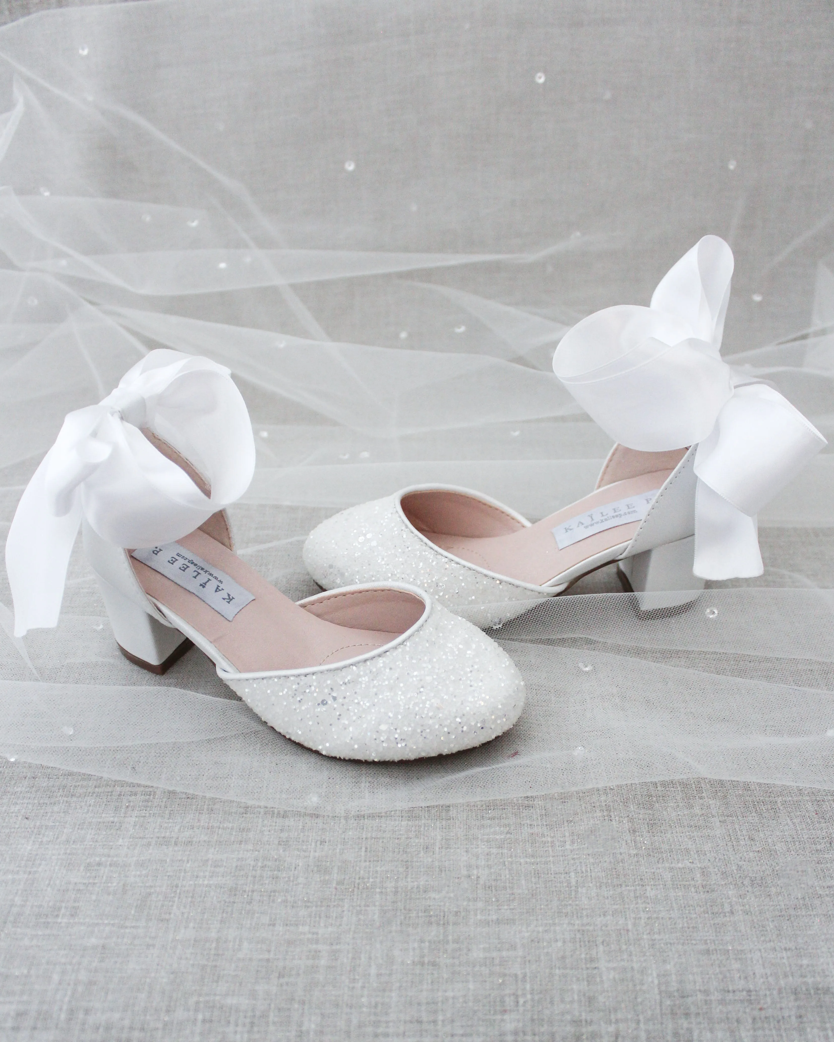 White Rock Glitter Kids Block Heel with Wrapped Satin Tie