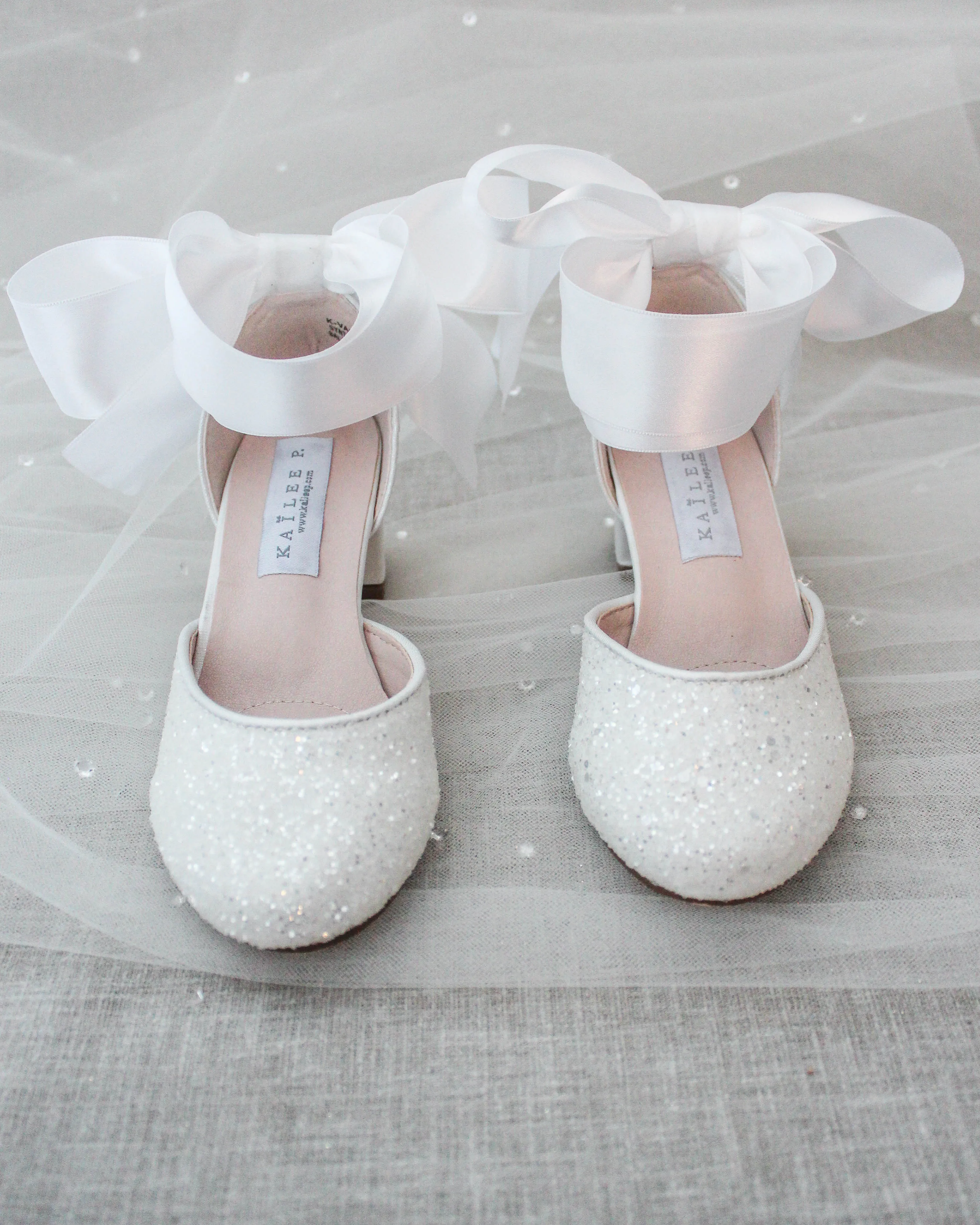 White Rock Glitter Kids Block Heel with Wrapped Satin Tie