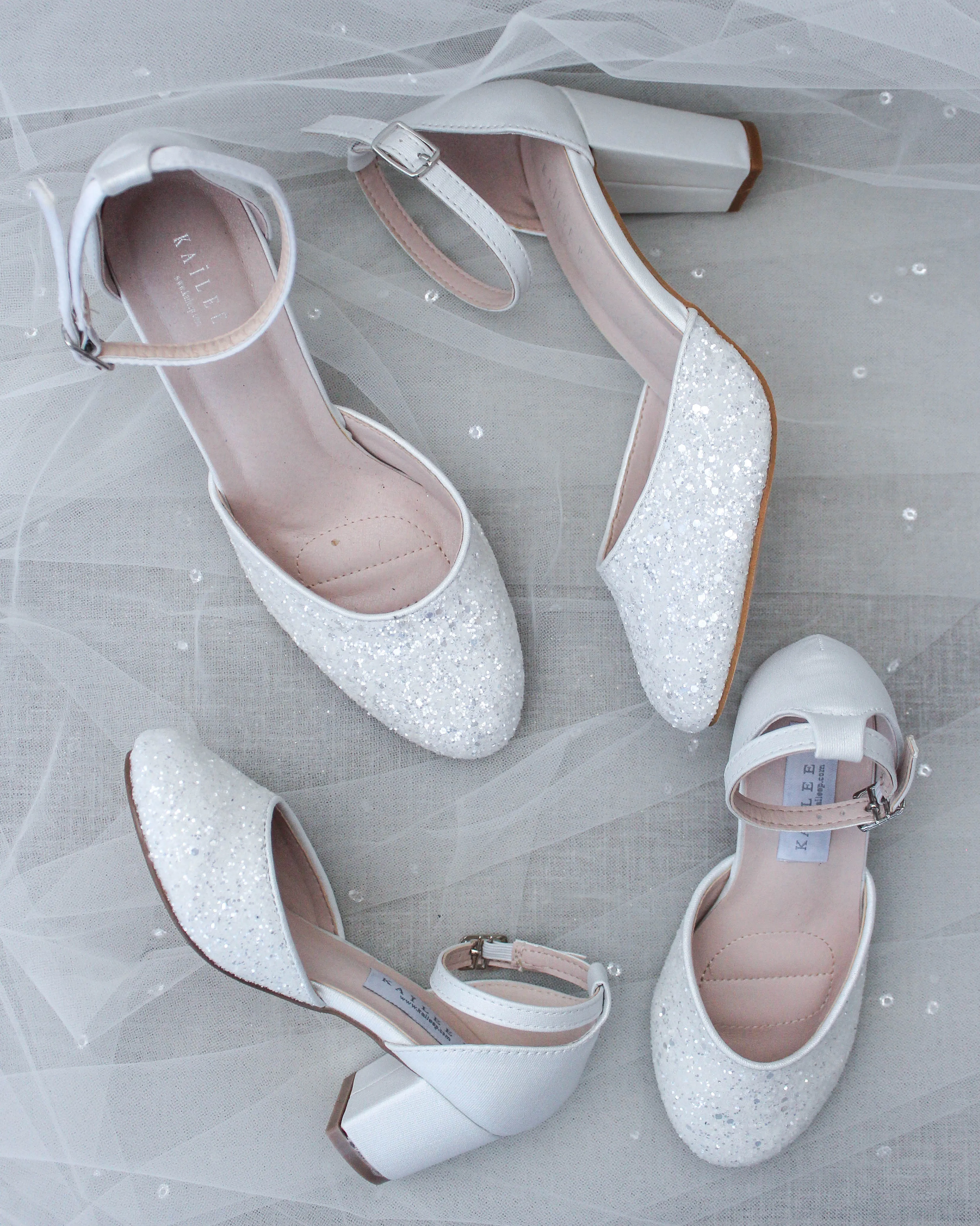 White Rock Glitter Kids Block Heel with Wrapped Satin Tie