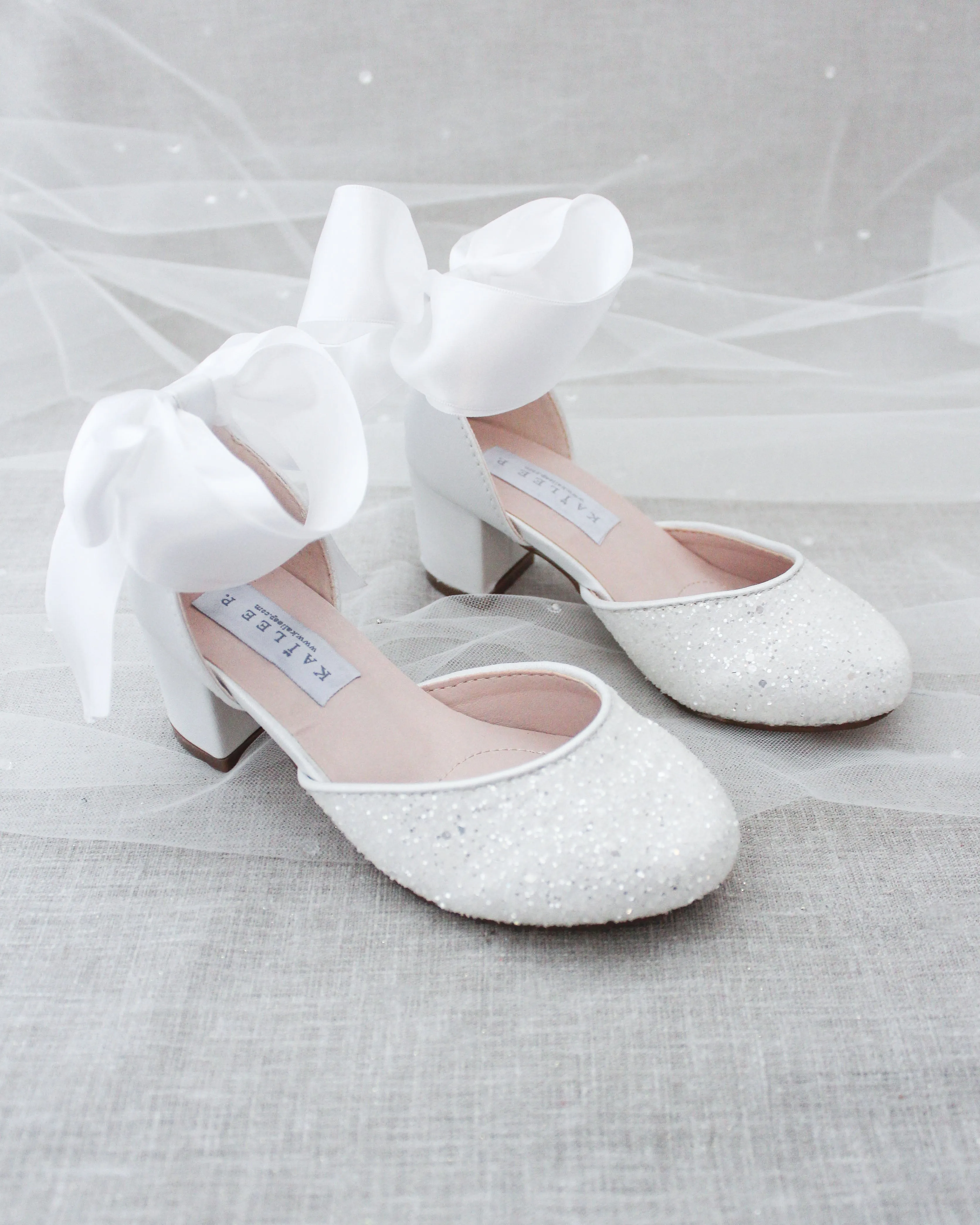 White Rock Glitter Kids Block Heel with Wrapped Satin Tie