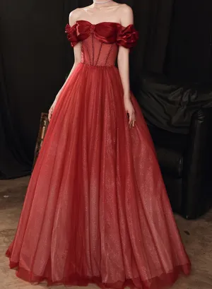 Wine Red Off Shoulder Prom Dress Sparkly Party Dress, Wine Red Sweetheart Formal Dress