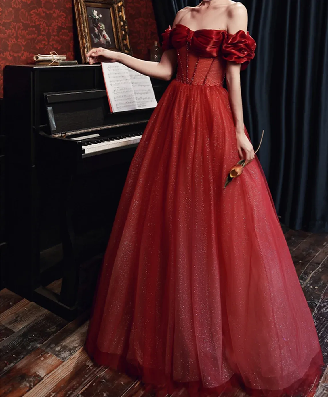 Wine Red Off Shoulder Prom Dress Sparkly Party Dress, Wine Red Sweetheart Formal Dress