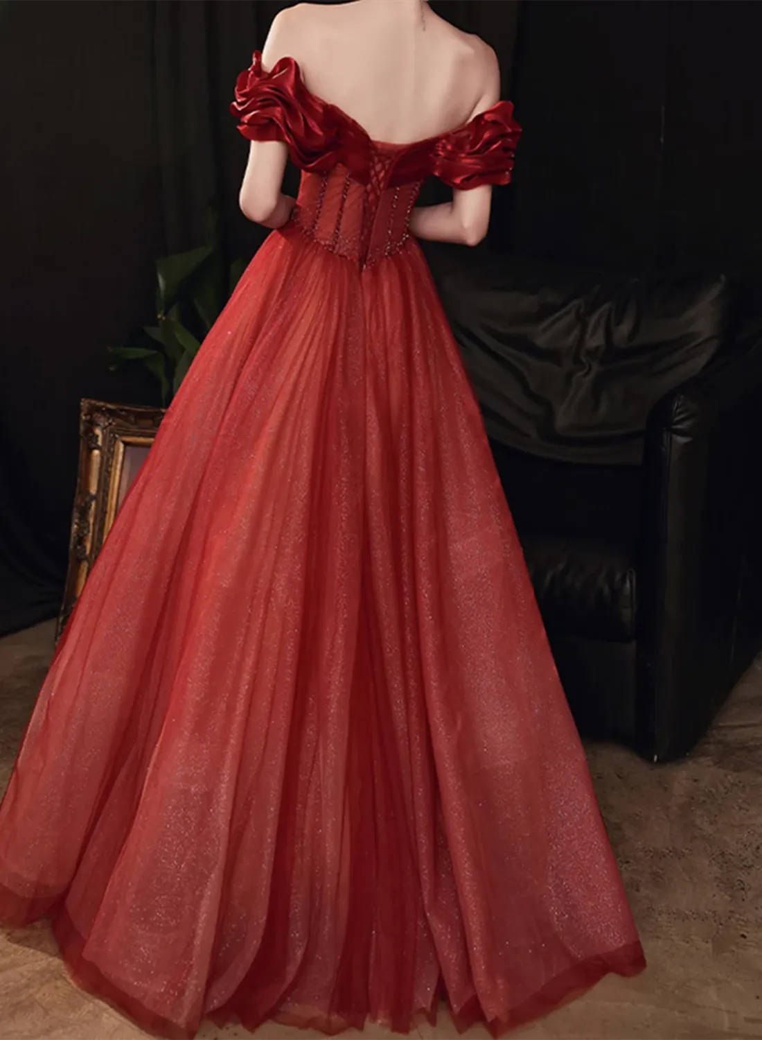 Wine Red Off Shoulder Prom Dress Sparkly Party Dress, Wine Red Sweetheart Formal Dress