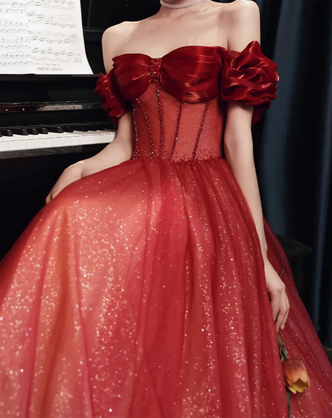Wine Red Off Shoulder Prom Dress Sparkly Party Dress, Wine Red Sweetheart Formal Dress