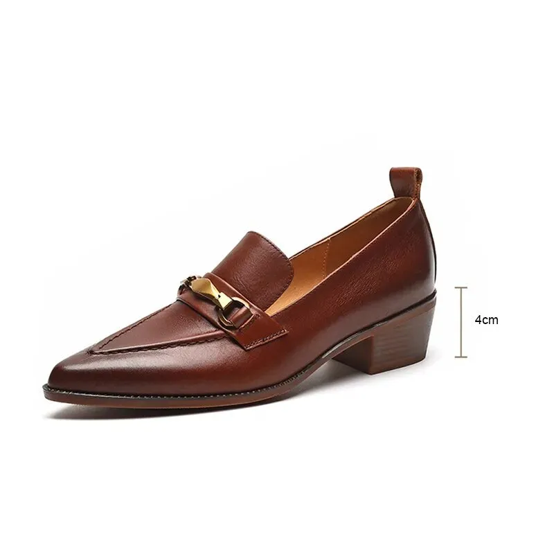 Women Chunky Heel Cow Leather Oxfords British Style Pumps