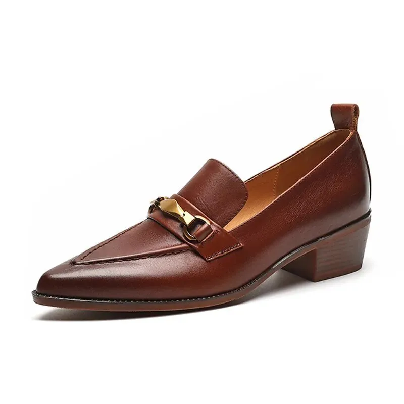 Women Chunky Heel Cow Leather Oxfords British Style Pumps