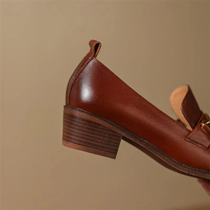 Women Chunky Heel Cow Leather Oxfords British Style Pumps