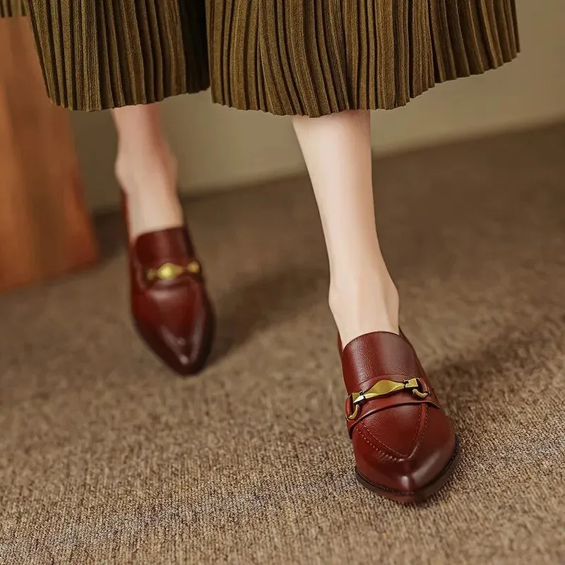 Women Chunky Heel Cow Leather Oxfords British Style Pumps