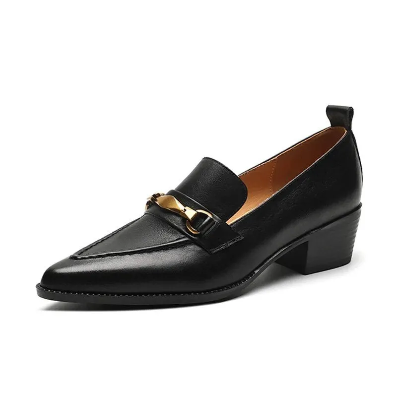 Women Chunky Heel Cow Leather Oxfords British Style Pumps