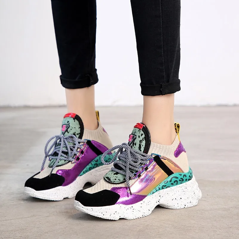 Women Chunky Sneakers Knit Thick Soled Increased Women's Sneaker  Breathable Woman Shoes Lady Footwear Plus Size