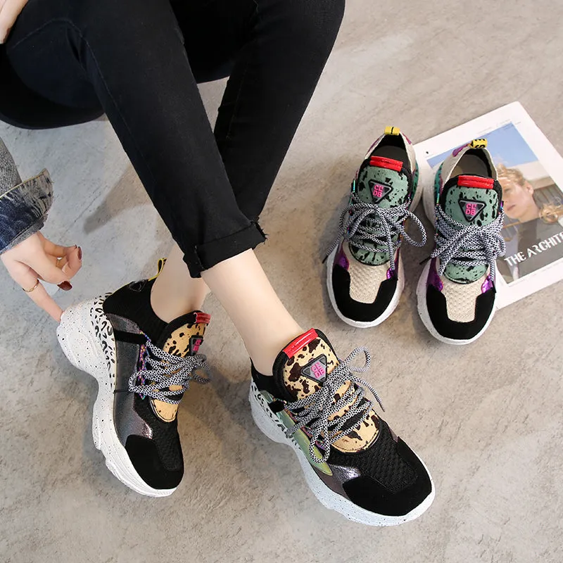Women Chunky Sneakers Knit Thick Soled Increased Women's Sneaker  Breathable Woman Shoes Lady Footwear Plus Size