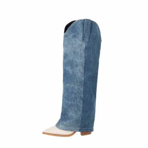 Women Denim Thigh High Boots Chunky Heel Boots