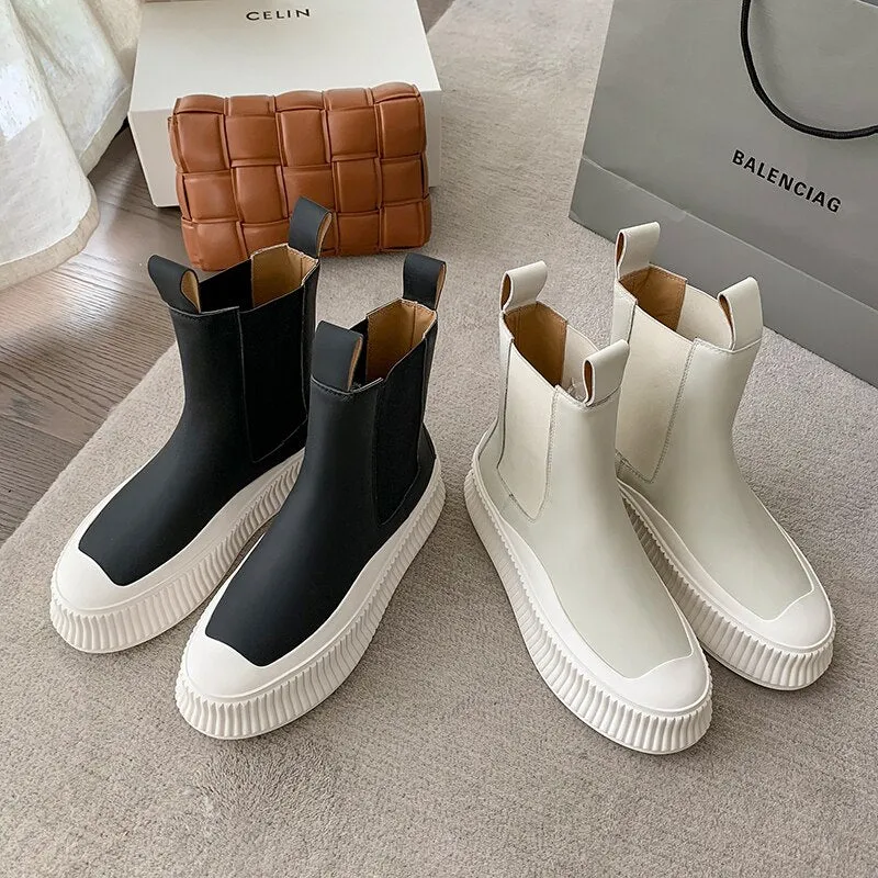 Women Flat Real Leather Round Toe Platform Ankle Boots