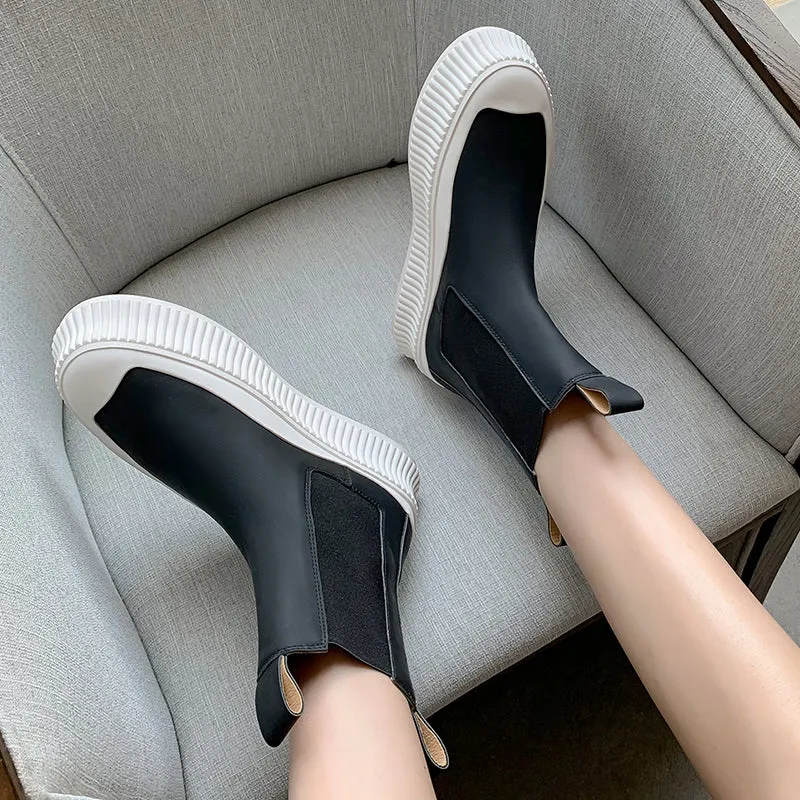 Women Flat Real Leather Round Toe Platform Ankle Boots