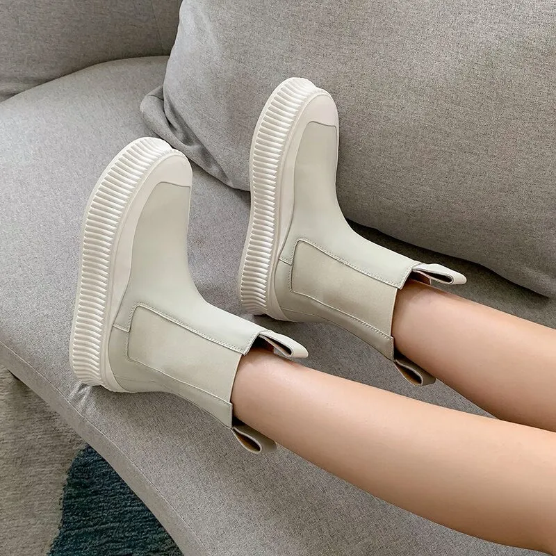 Women Flat Real Leather Round Toe Platform Ankle Boots