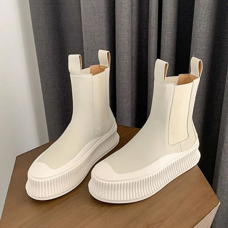 Women Flat Real Leather Round Toe Platform Ankle Boots