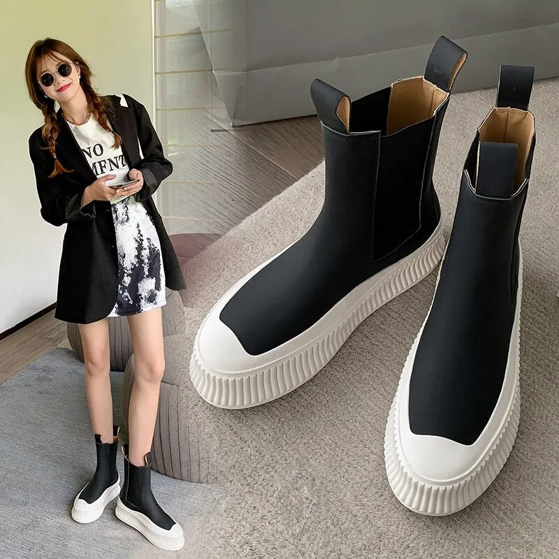 Women Flat Real Leather Round Toe Platform Ankle Boots
