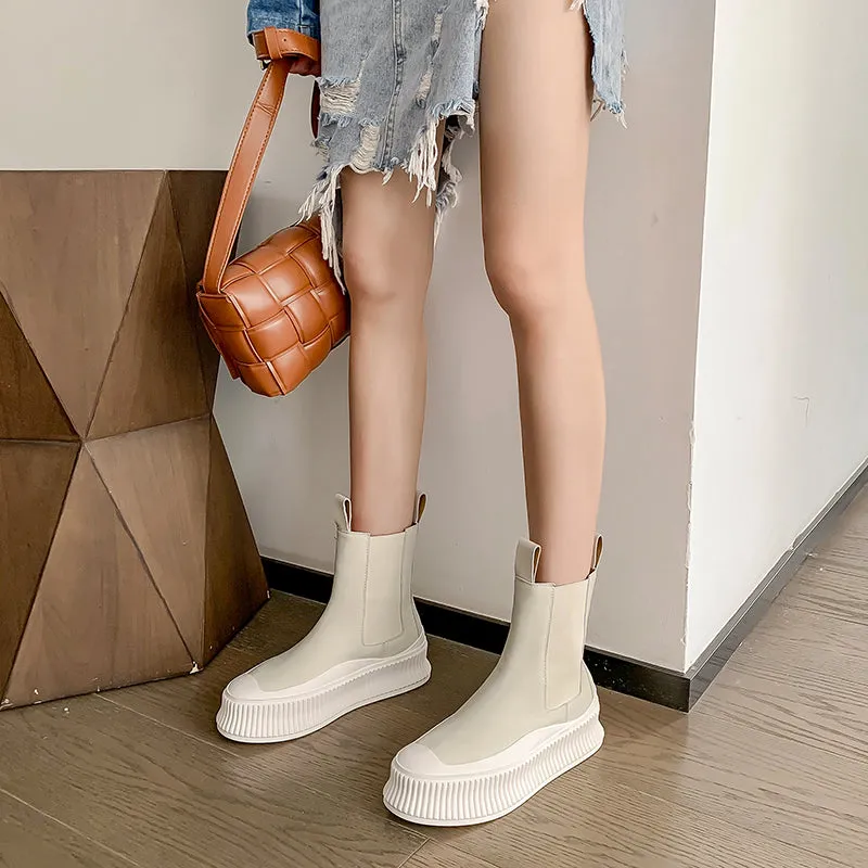 Women Flat Real Leather Round Toe Platform Ankle Boots