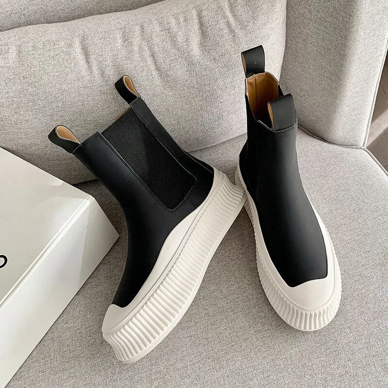 Women Flat Real Leather Round Toe Platform Ankle Boots