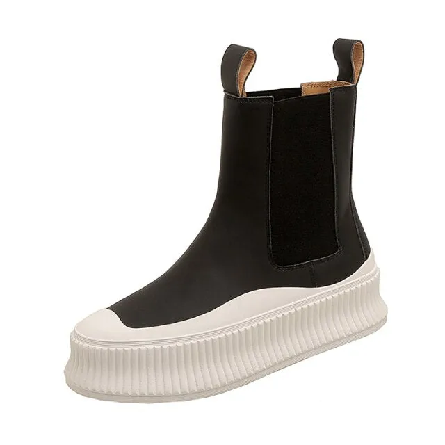 Women Flat Real Leather Round Toe Platform Ankle Boots