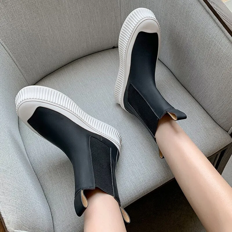 Women Flat Real Leather Round Toe Platform Ankle Boots