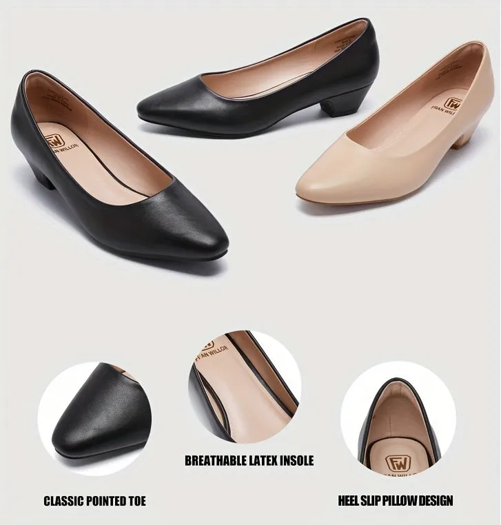 Womens Comfortable Low Chunky Heel Pumps - Lightweight, Slip-on, Pointed Toe, Polyurethane PU Faux Leather Upper, Rubber Sole, Minimalist Design for Dressy Work, Casual, and Commuting - All-Season, Summer Style Shoes