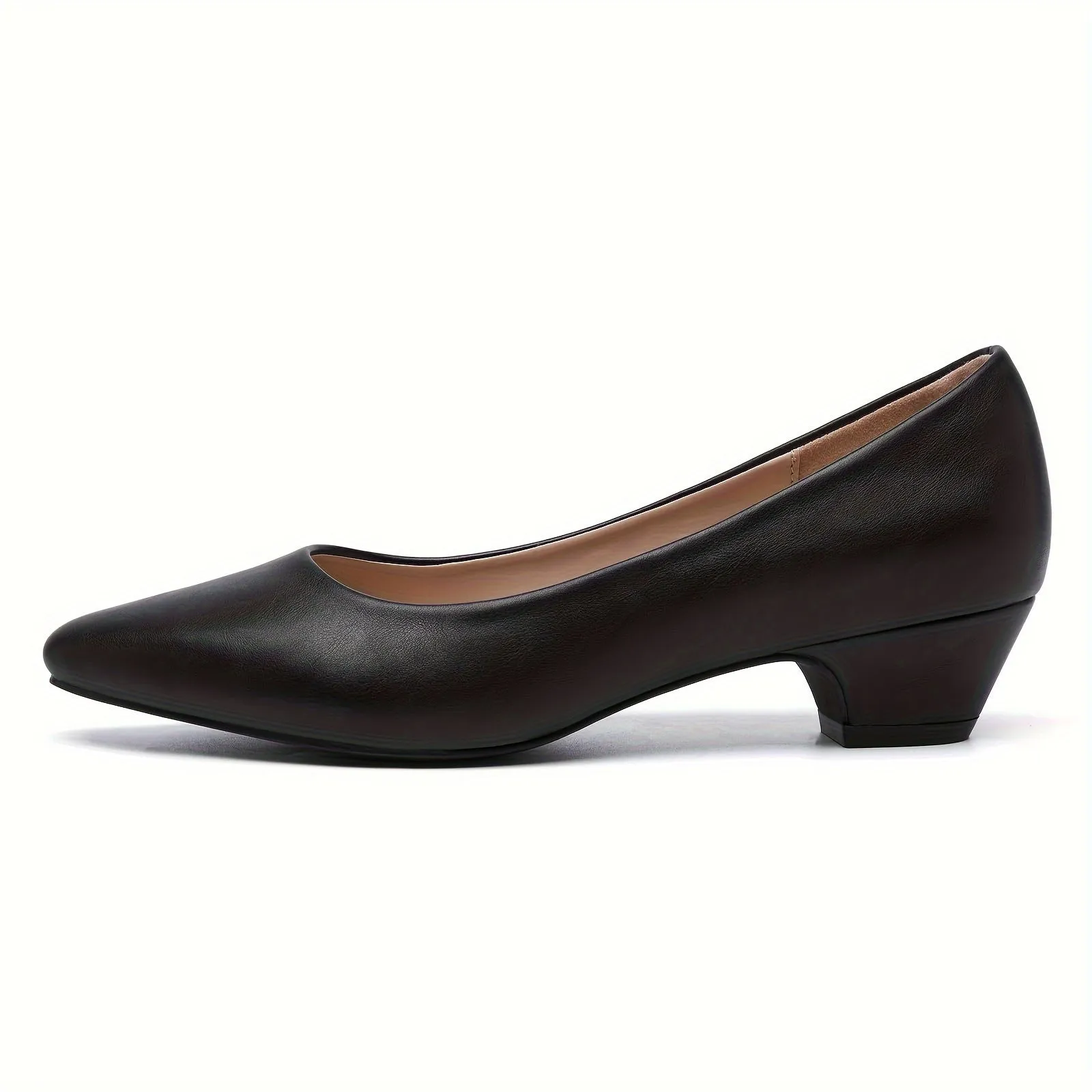 Womens Comfortable Low Chunky Heel Pumps - Lightweight, Slip-on, Pointed Toe, Polyurethane PU Faux Leather Upper, Rubber Sole, Minimalist Design for Dressy Work, Casual, and Commuting - All-Season, Summer Style Shoes