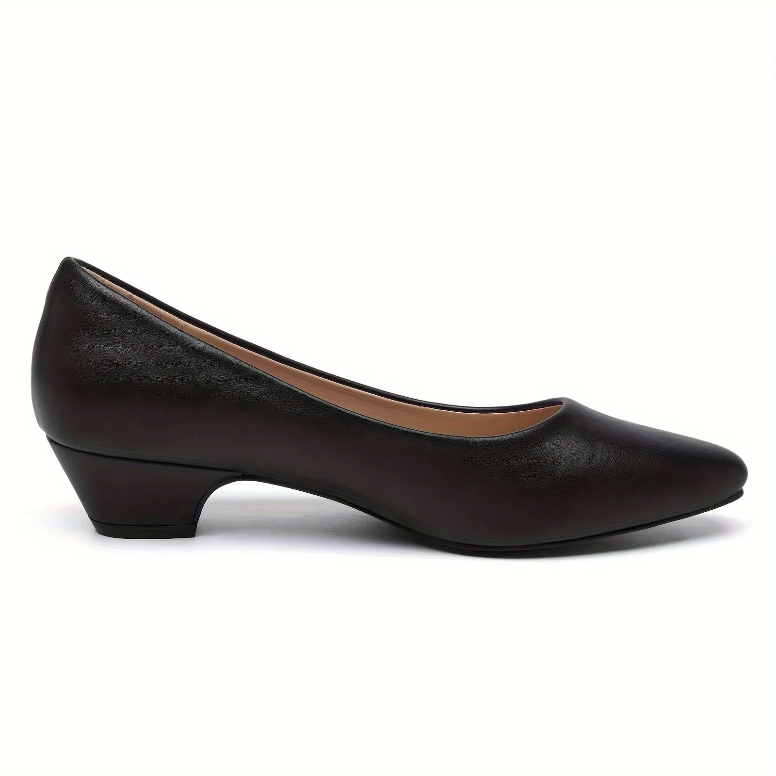 Womens Comfortable Low Chunky Heel Pumps - Lightweight, Slip-on, Pointed Toe, Polyurethane PU Faux Leather Upper, Rubber Sole, Minimalist Design for Dressy Work, Casual, and Commuting - All-Season, Summer Style Shoes