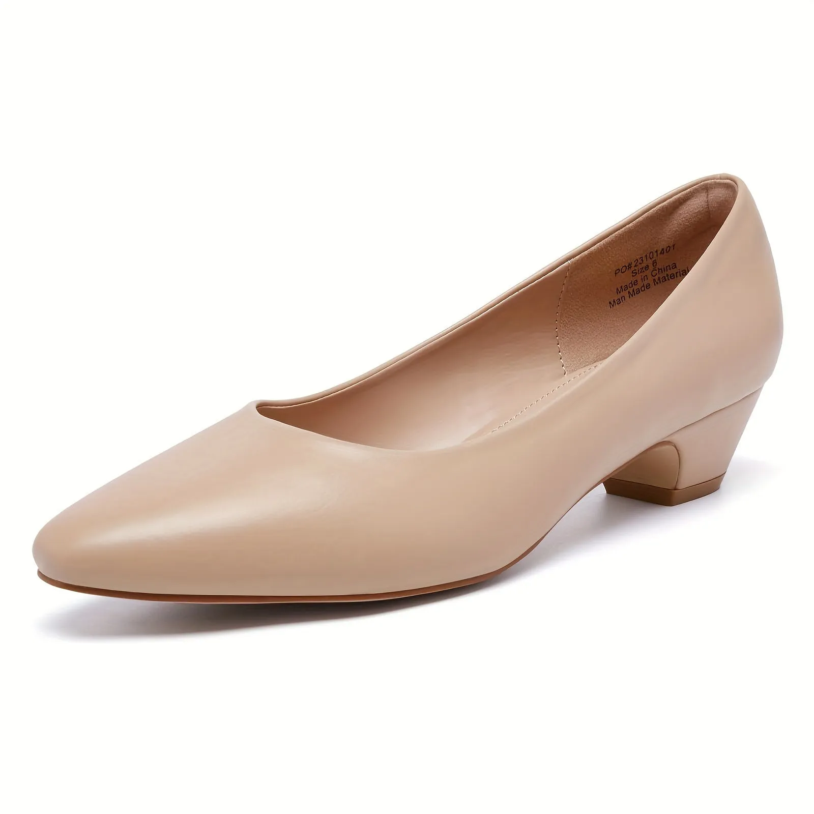 Womens Comfortable Low Chunky Heel Pumps - Lightweight, Slip-on, Pointed Toe, Polyurethane PU Faux Leather Upper, Rubber Sole, Minimalist Design for Dressy Work, Casual, and Commuting - All-Season, Summer Style Shoes