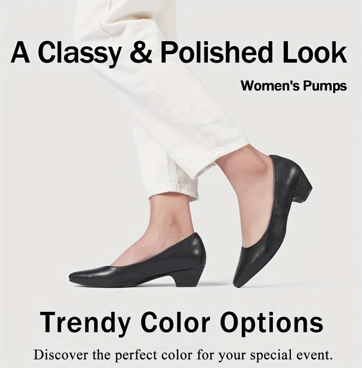 Womens Comfortable Low Chunky Heel Pumps - Lightweight, Slip-on, Pointed Toe, Polyurethane PU Faux Leather Upper, Rubber Sole, Minimalist Design for Dressy Work, Casual, and Commuting - All-Season, Summer Style Shoes