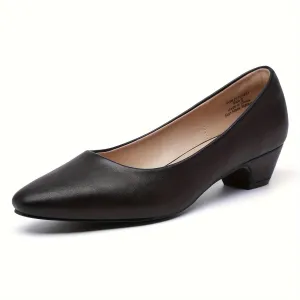 Womens Comfortable Low Chunky Heel Pumps - Lightweight, Slip-on, Pointed Toe, Polyurethane PU Faux Leather Upper, Rubber Sole, Minimalist Design for Dressy Work, Casual, and Commuting - All-Season, Summer Style Shoes